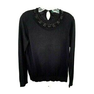 Lauren Ralph Lauren Black Rhinestone Beaded Neck Sweater Tight Knit Sz S